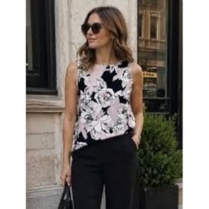 C&E Women Floral Sleeveless Blouse Mauve Black White Keyhole Back Size M